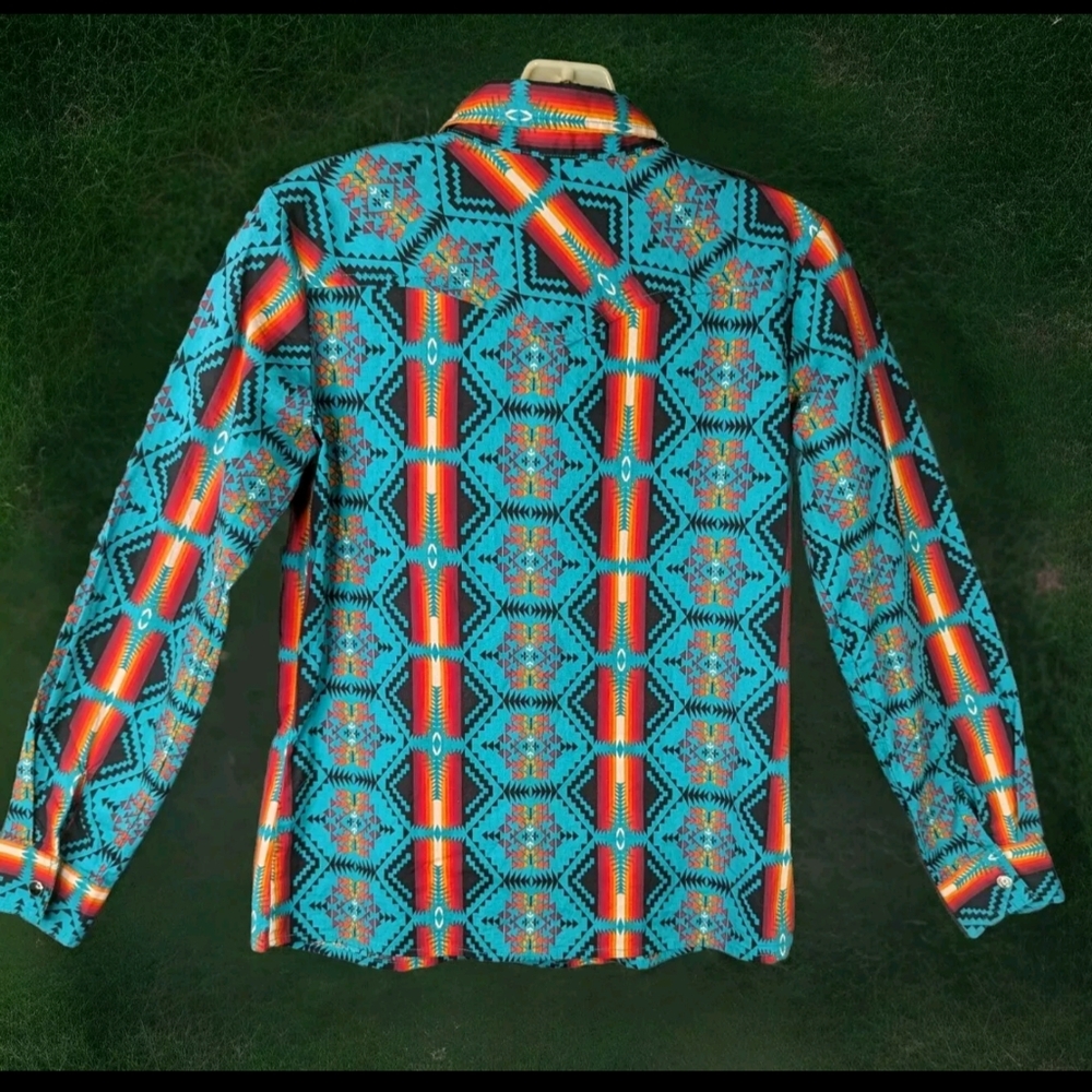 Western Shirt Kids L Unisex Southwestern Tribal Pattern Pearl Snap Multicolor - Picture 2 of 11